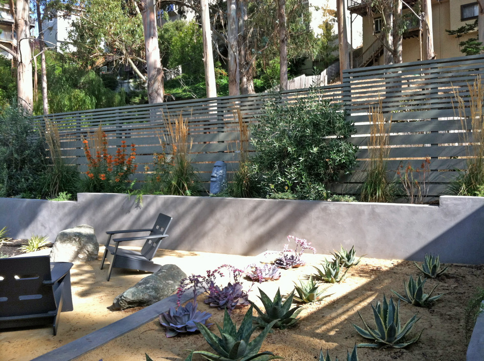 Imagen de jardín de secano clásico de tamaño medio en patio trasero con paisajismo estilo desértico, exposición parcial al sol, granito descompuesto y con madera