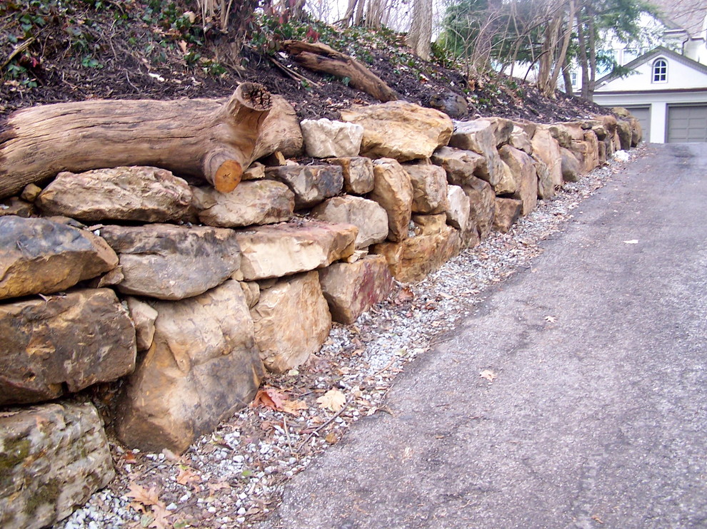 This is an example of a mid-sized rustic partial sun front yard stone driveway in Indianapolis.