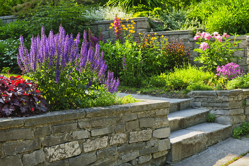 На фото: участок и сад среднего размера на заднем дворе в классическом стиле с подпорной стенкой, полуденной тенью и покрытием из каменной брусчатки с