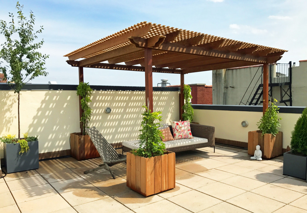 Photo of a contemporary roof full sun garden in New York with a potted garden and concrete paving.