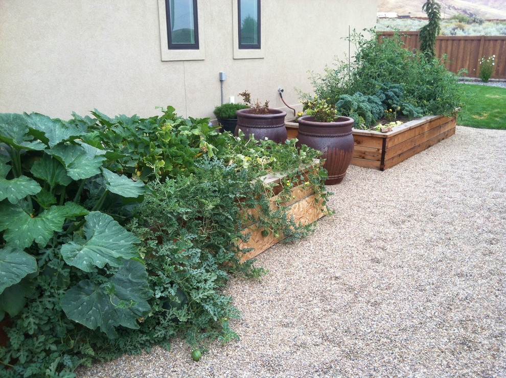 Idee per un orto in giardino tradizionale di medie dimensioni e nel cortile laterale con ghiaia