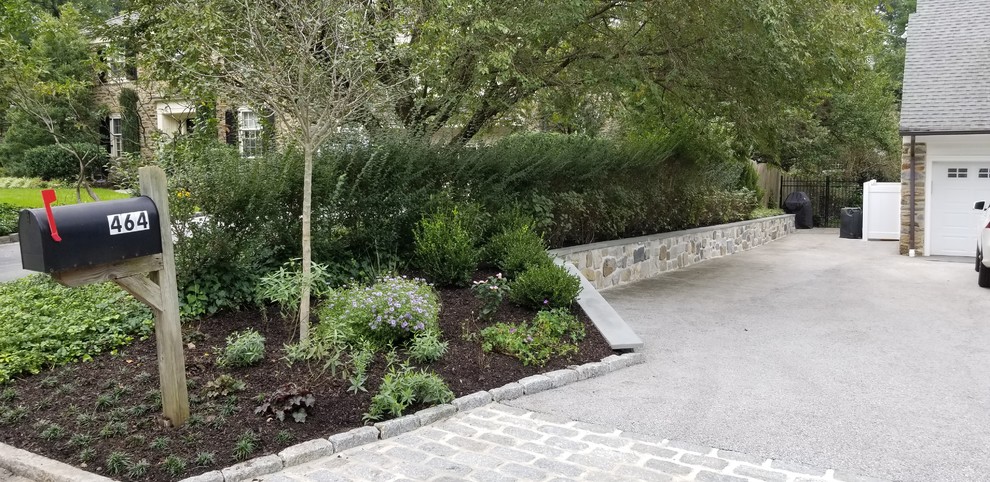 Kleine, Halbschattige Klassische Gartenmauer im Frühling mit Auffahrt in Philadelphia