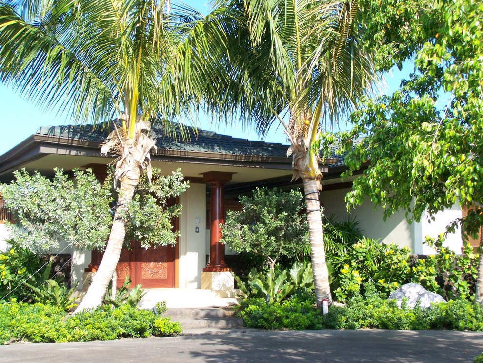Imagen de jardín tropical de tamaño medio en patio con exposición parcial al sol y adoquines de piedra natural