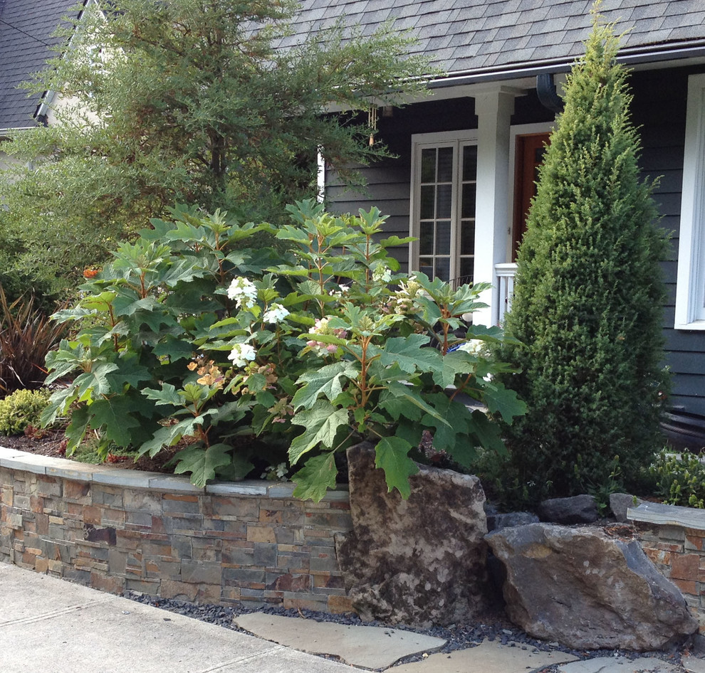 Immagine di un piccolo giardino american style esposto a mezz'ombra davanti casa in primavera con un giardino in vaso e pavimentazioni in pietra naturale