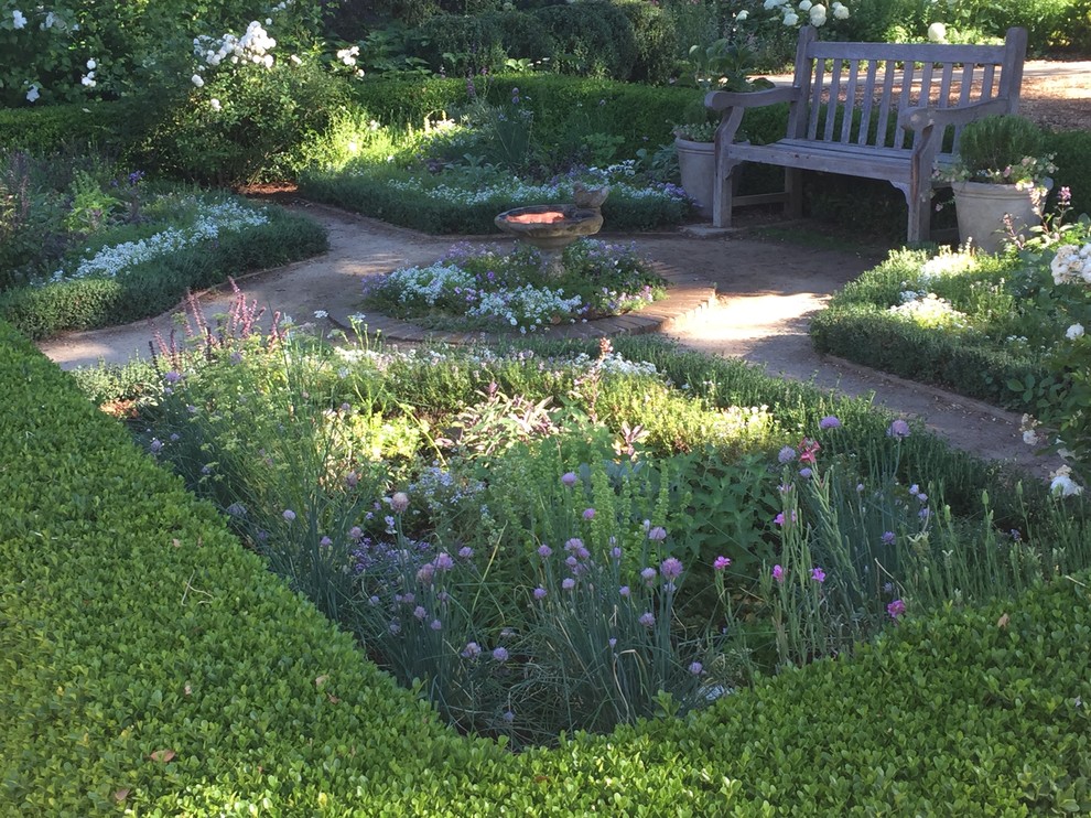 Foto di un piccolo giardino classico esposto in pieno sole dietro casa in estate con ghiaia