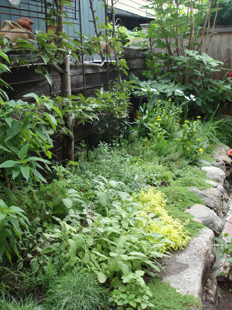 Kleiner, Schattiger Mediterraner Garten im Innenhof mit Pflastersteinen in Boston