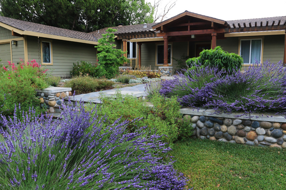 Immagine di un giardino american style esposto in pieno sole di medie dimensioni e davanti casa con un muro di contenimento e pavimentazioni in pietra naturale