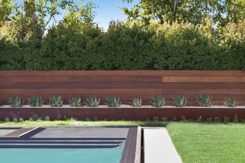 Design ideas for a mid-sized contemporary drought-tolerant and partial sun backyard stone retaining wall landscape in Orange County for summer.