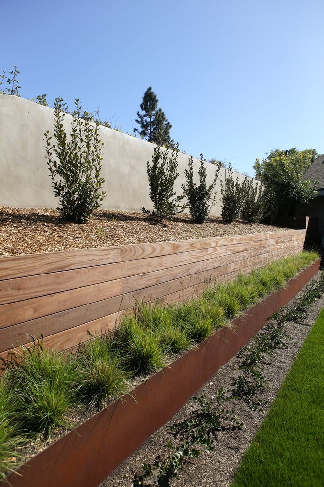Свежая идея для дизайна: большой солнечный, летний засухоустойчивый сад на заднем дворе в современном стиле с хорошей освещенностью, мульчированием и подпорной стенкой - отличное фото интерьера