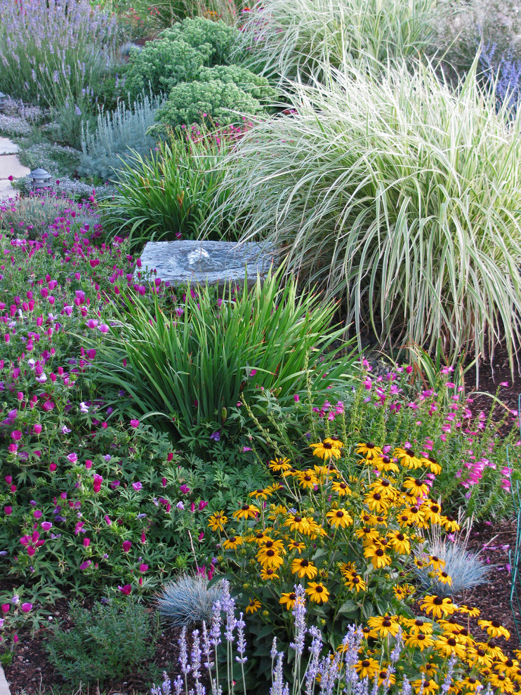 Mittelgroßer Mediterraner Garten im Sommer, hinter dem Haus mit direkter Sonneneinstrahlung und Natursteinplatten in Albuquerque