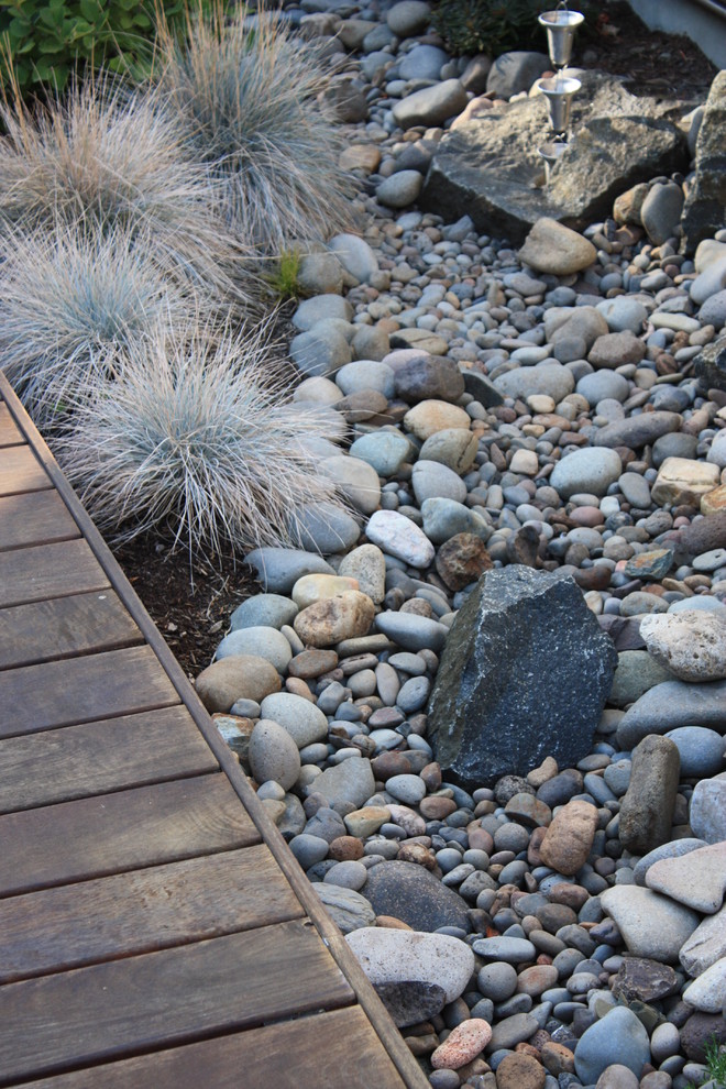 Inspiration for a contemporary river rock landscaping in Other.
