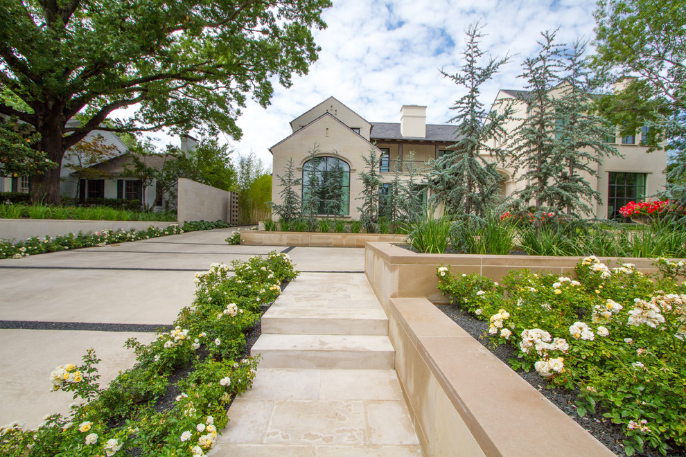 Immagine di un giardino formale design esposto in pieno sole di medie dimensioni e davanti casa in primavera con un ingresso o sentiero e pavimentazioni in cemento