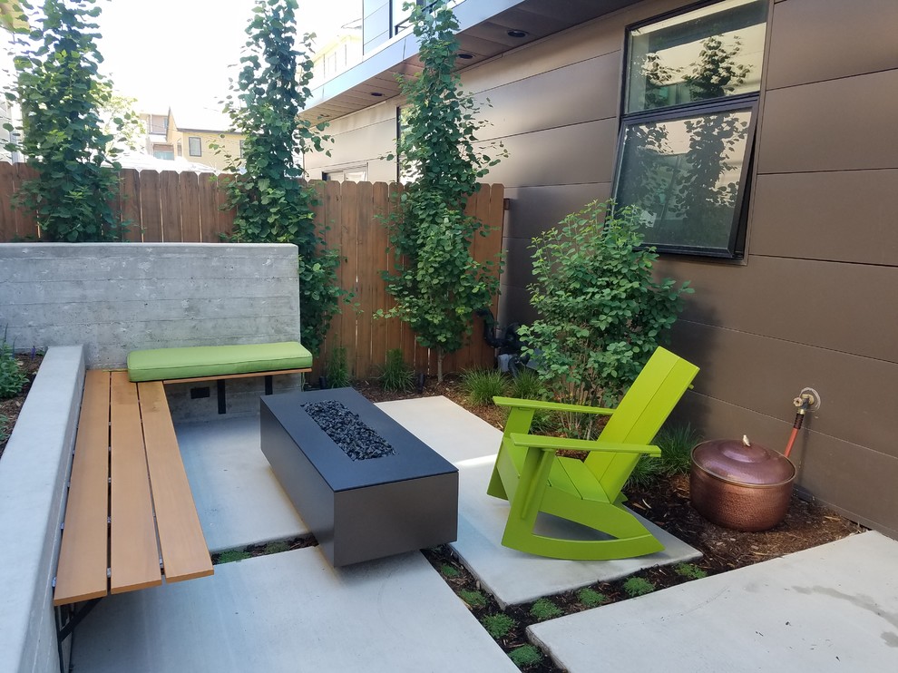 Photo of a small tropical partial sun backyard concrete paver landscaping in Denver.