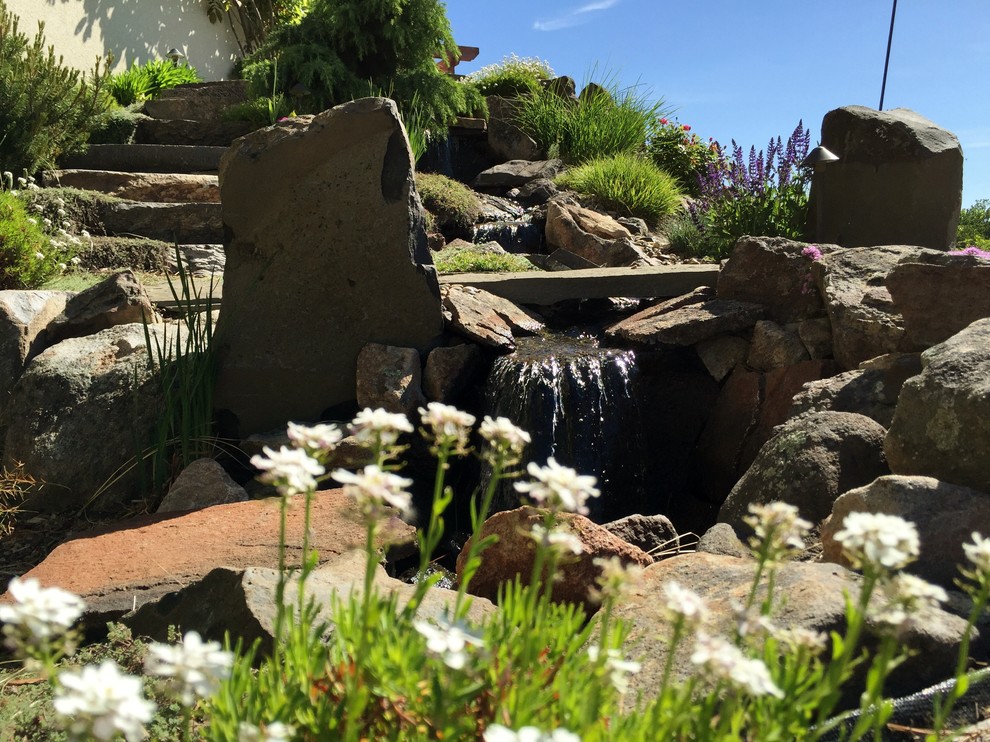 Design ideas for a medium sized classic back xeriscape garden in Boise with a water feature and natural stone paving.
