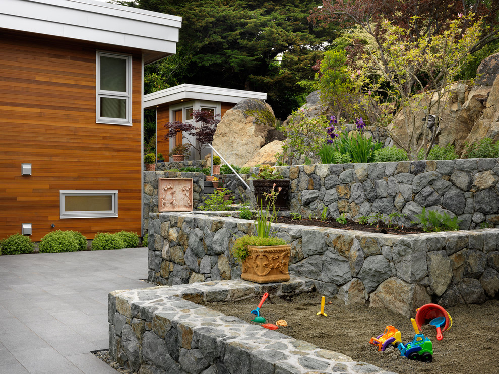 Inspiration for a contemporary side yard vegetable garden landscape in Vancouver.