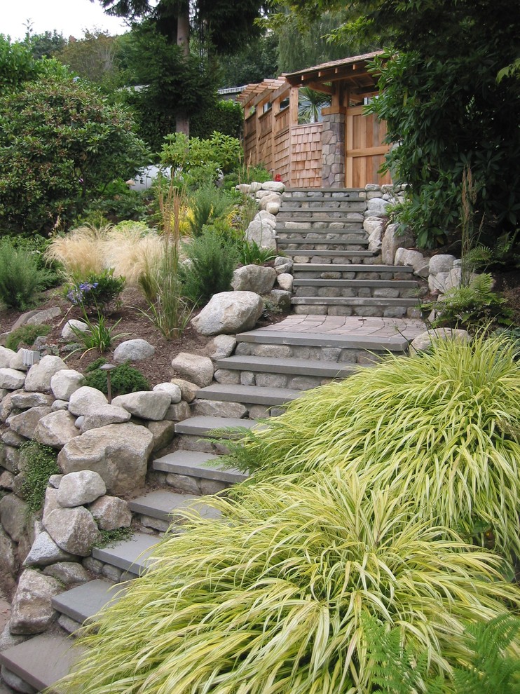 Rustic sloped garden steps in Seattle.