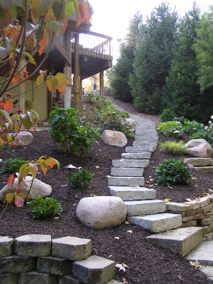 Design ideas for a medium sized rustic sloped formal partial sun garden for summer in Cincinnati with a garden path and natural stone paving.