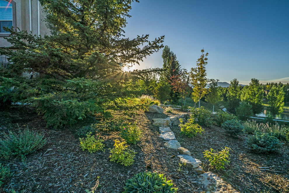 Großer, Halbschattiger Klassischer Garten im Sommer mit Mulch in Denver