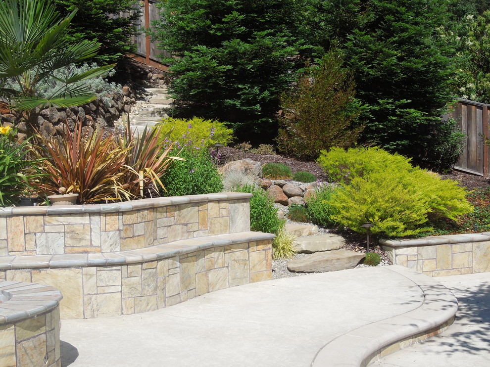 This is an example of a large contemporary partial sun backyard concrete paver retaining wall landscape in San Francisco.