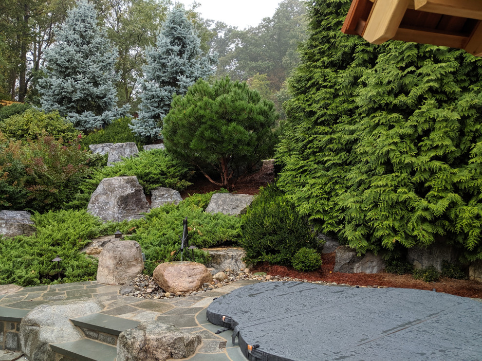 Modelo de jardín asiático en patio trasero con cascada y piedra decorativa