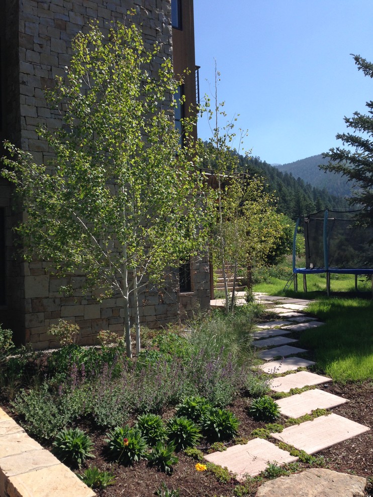 Mittelgroßer, Halbschattiger Moderner Garten im Sommer mit Betonboden in Denver
