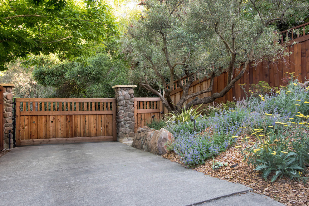 This is an example of a large mediterranean back xeriscape partial sun garden in San Francisco with a retaining wall and concrete paving.