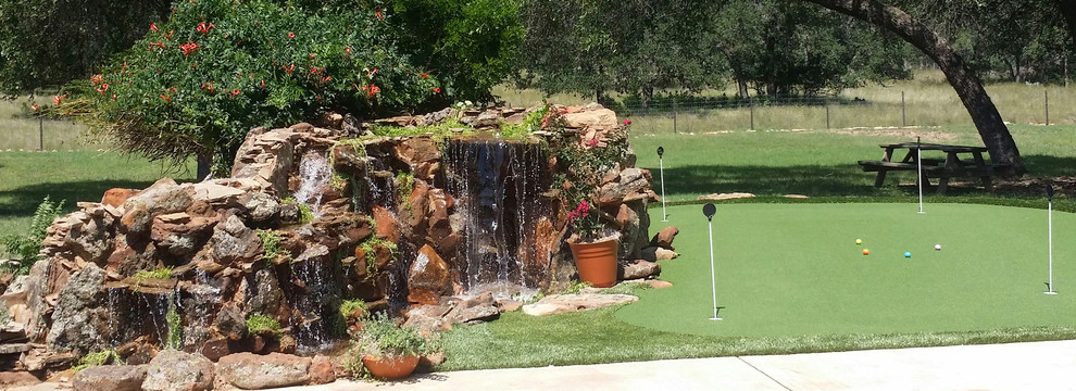 This is an example of a medium sized traditional back full sun garden in Dallas with a pond.
