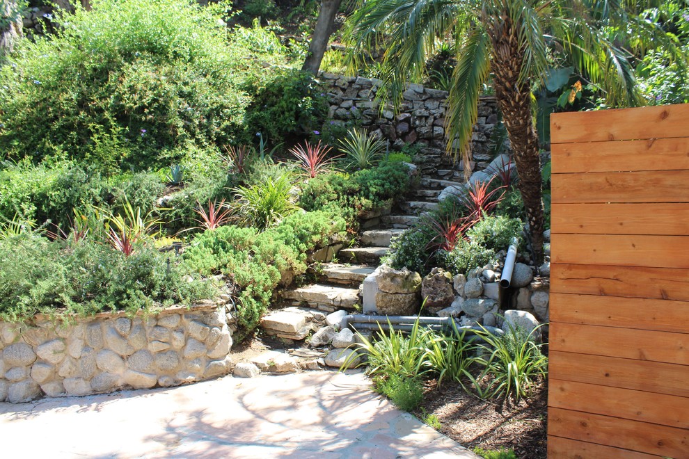 Idee per un giardino xeriscape american style esposto a mezz'ombra di medie dimensioni e dietro casa in estate con un ingresso o sentiero e pavimentazioni in pietra naturale