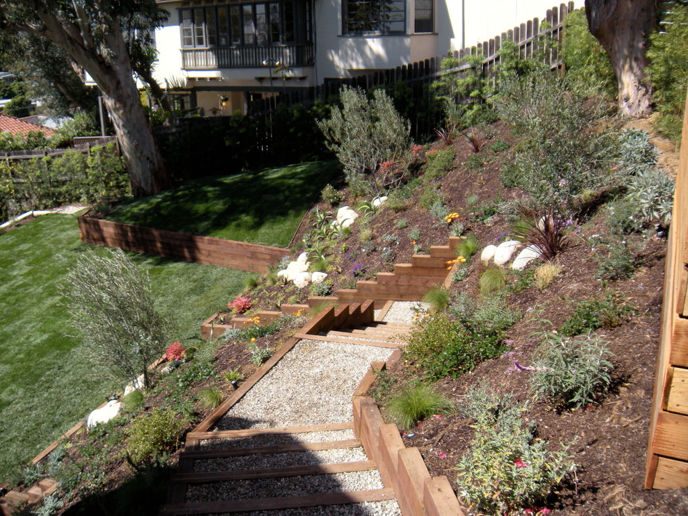 Idee per un grande giardino xeriscape minimal esposto in pieno sole dietro casa con un ingresso o sentiero e ghiaia