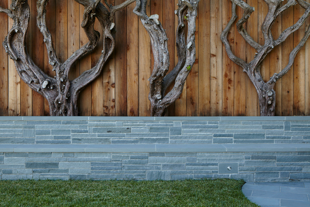 Immagine di un piccolo giardino minimal dietro casa con un muro di contenimento e pavimentazioni in pietra naturale