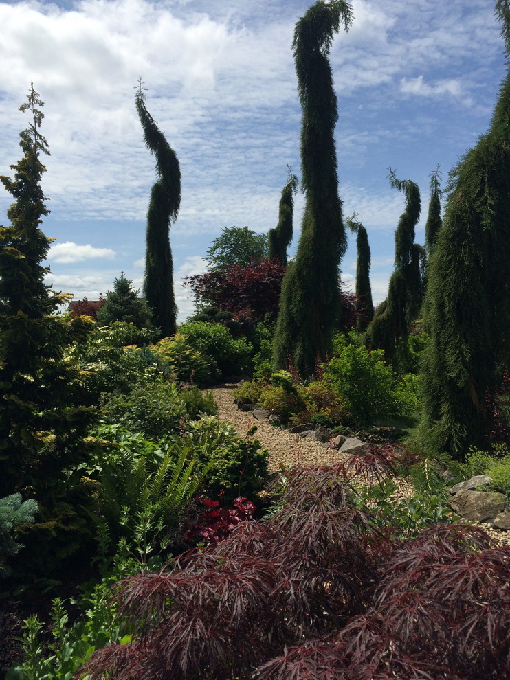 Foto på en stor eklektisk bakgård i full sol, med en trädgårdsgång och grus