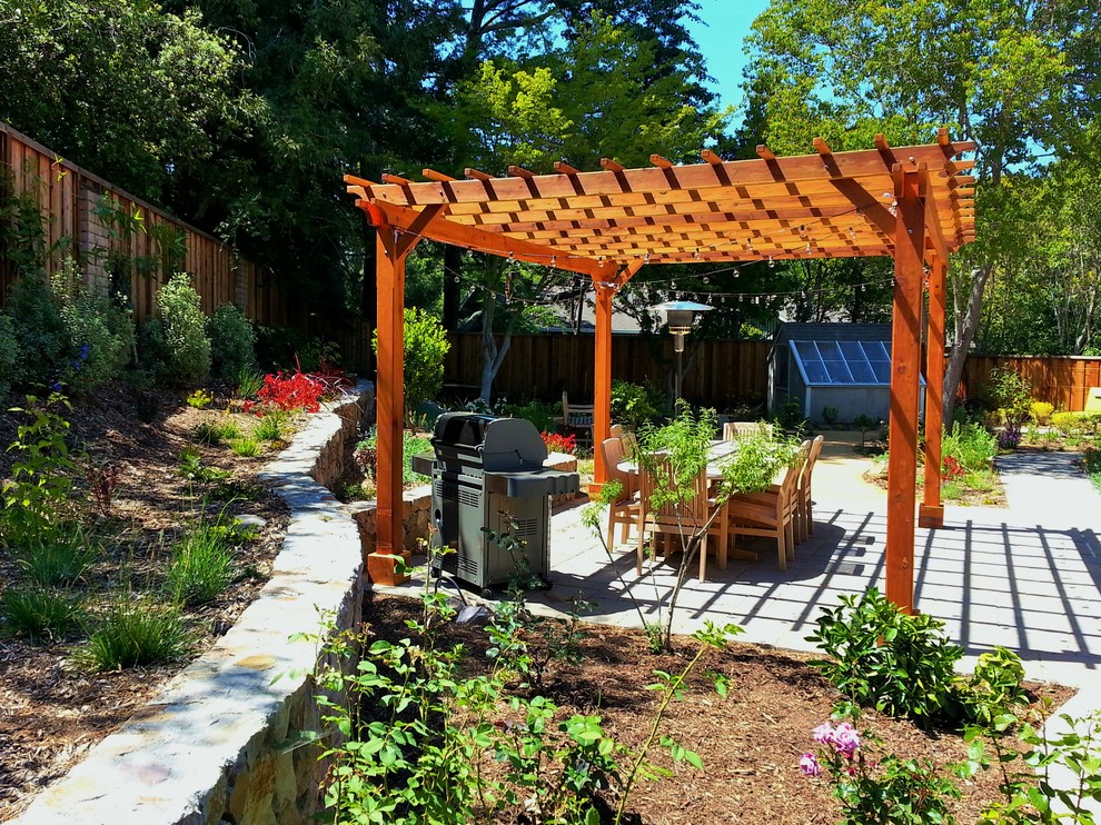This is an example of a medium sized classic back formal full sun garden for summer in San Francisco with a retaining wall and concrete paving.
