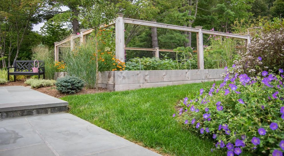 Photo of a medium sized rustic back formal full sun garden for spring in New York with a vegetable patch.