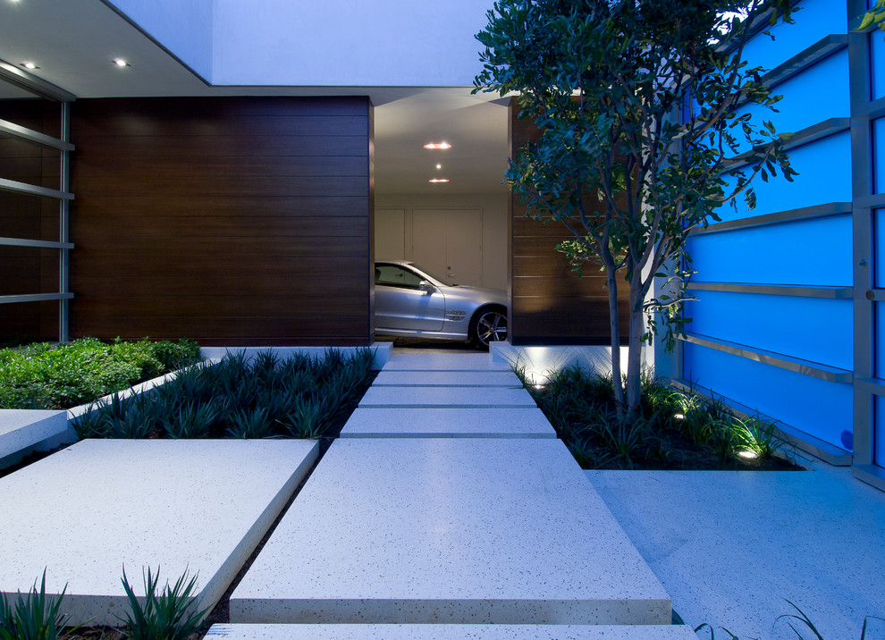 This is an example of a mid-sized modern partial sun courtyard metal fence landscaping in Los Angeles.