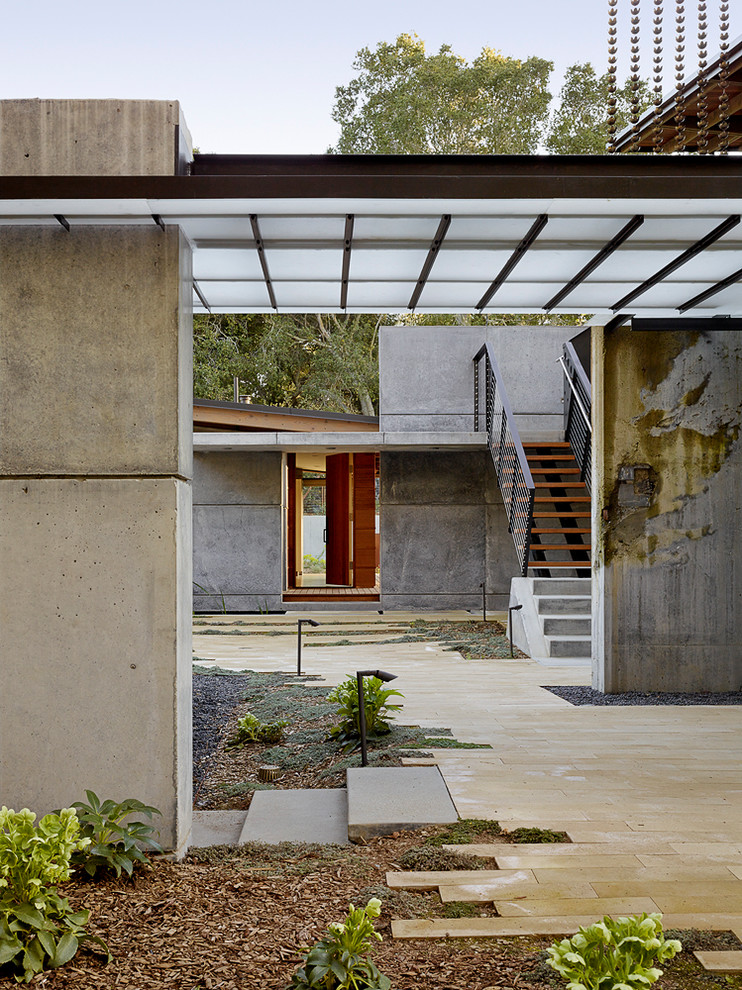 Design ideas for a large contemporary side xeriscape partial sun garden in San Francisco with concrete paving.