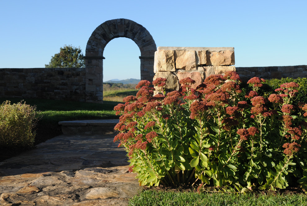 Cette image montre un jardin arrière traditionnel avec des pavés en pierre naturelle.