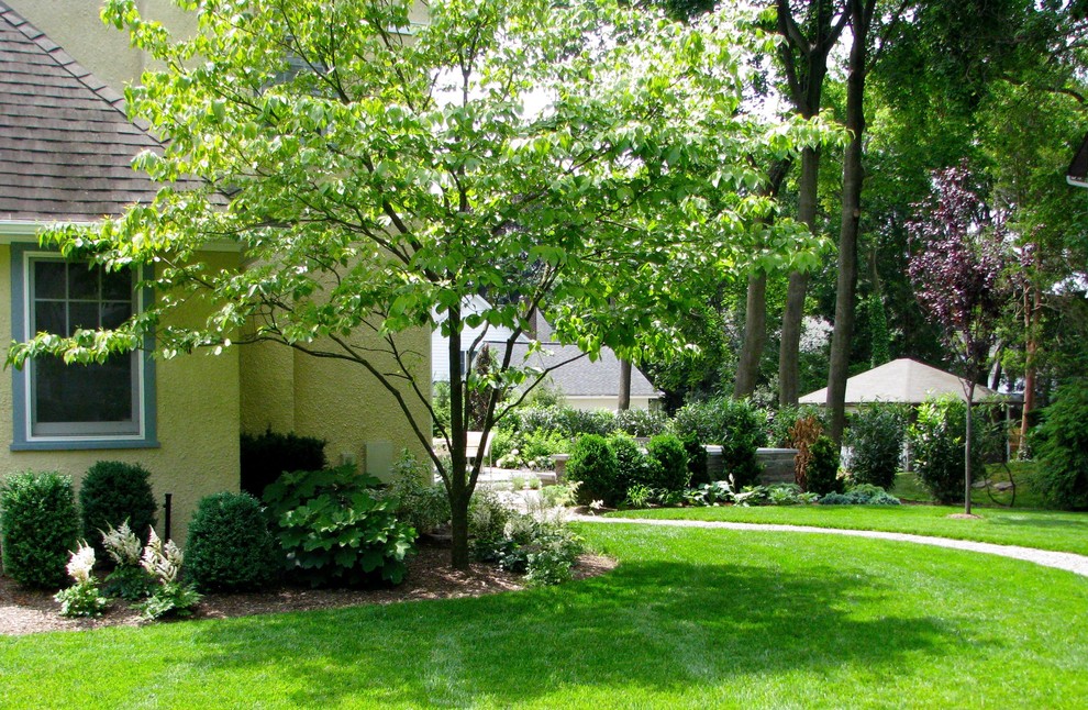 Источник вдохновения для домашнего уюта: летний регулярный сад среднего размера на заднем дворе в современном стиле с полуденной тенью и покрытием из каменной брусчатки