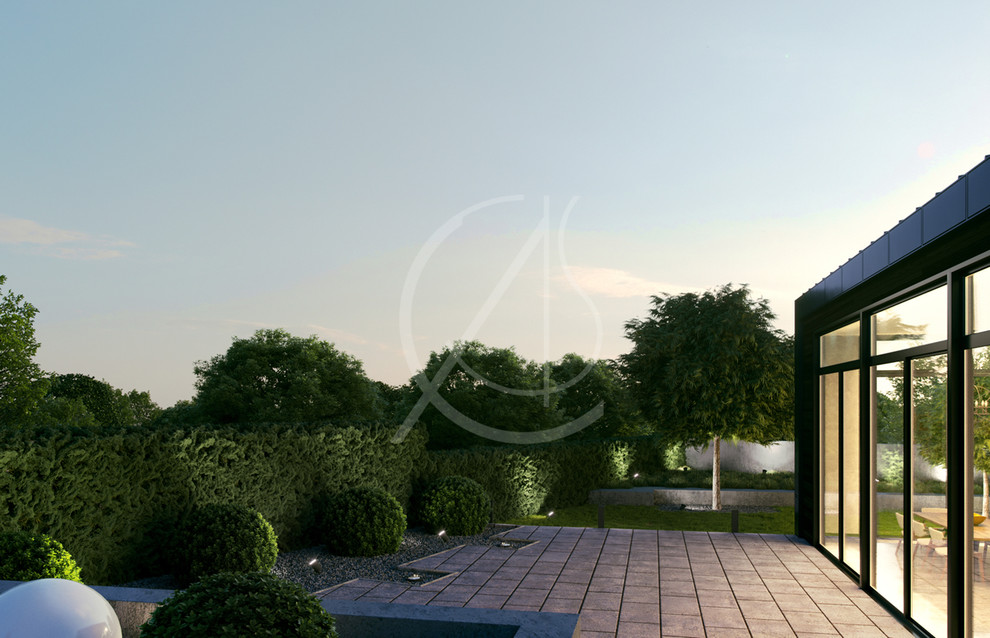Idee per un giardino formale industriale esposto in pieno sole dietro casa con pavimentazioni in pietra naturale e un ingresso o sentiero
