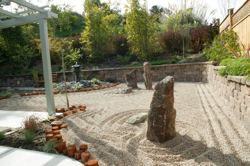 Inspiration for a medium sized world-inspired xeriscape partial sun garden in San Diego with gravel.