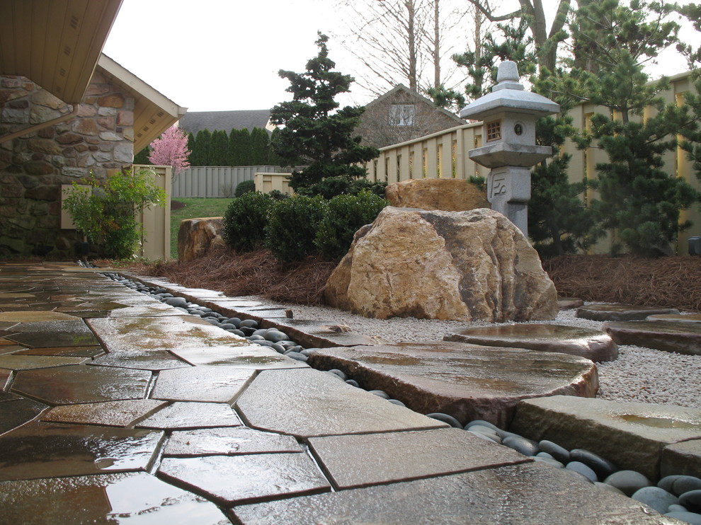 Exemple d'un petit aménagement d'entrée ou allée de jardin asiatique avec des pavés en pierre naturelle.