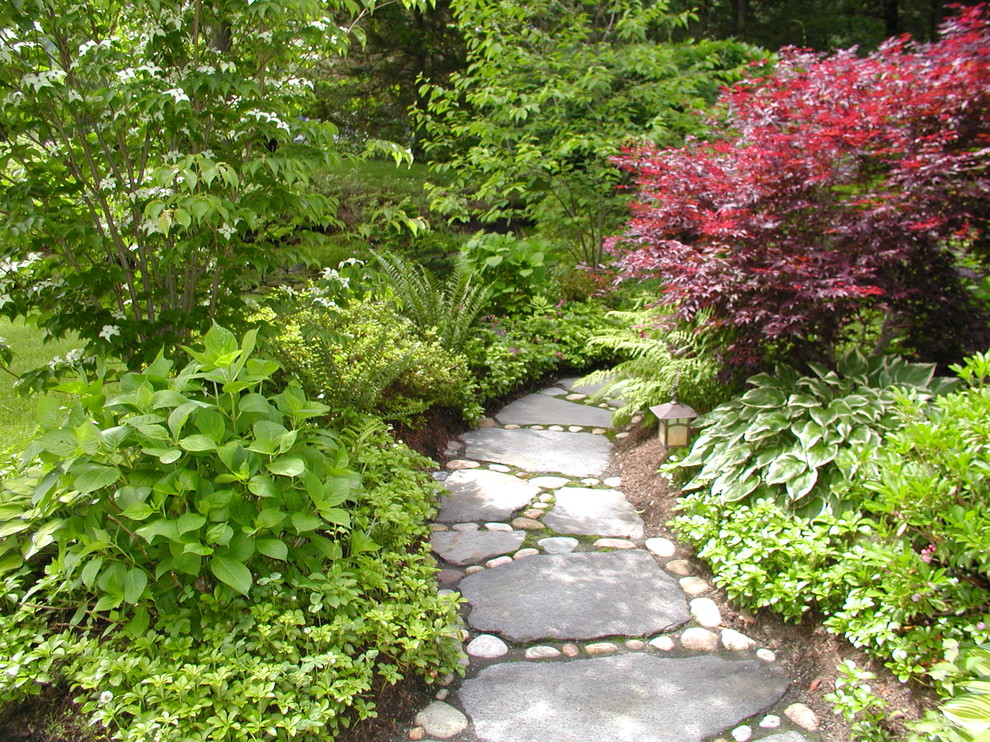 Foto di un giardino etnico in ombra di medie dimensioni e dietro casa con un ingresso o sentiero e pavimentazioni in pietra naturale