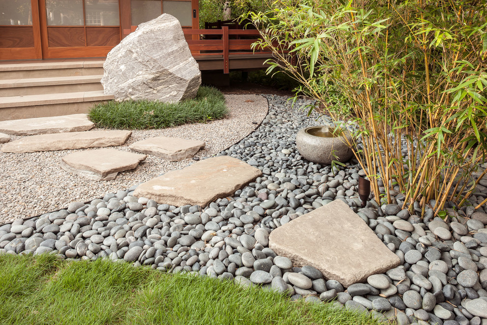 Design ideas for a mid-sized asian partial sun side yard stone garden path in Houston.