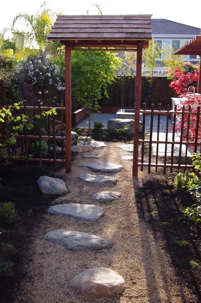 Design ideas for an asian backyard gravel landscaping in San Francisco.