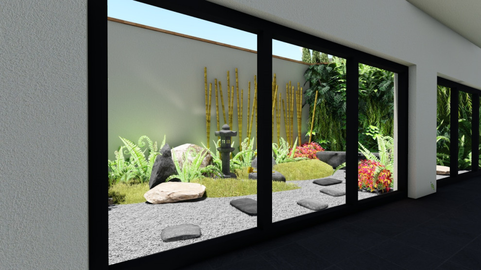 Small world-inspired courtyard formal partial sun garden in Other with a living wall and natural stone paving.