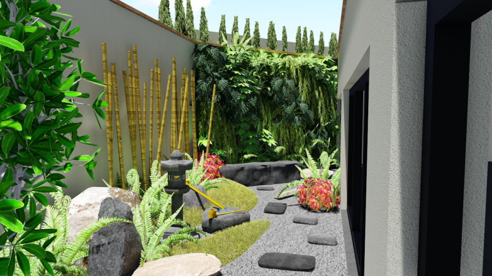Inspiration för en liten tropisk trädgård i delvis sol, med en vertikal trädgård och naturstensplattor