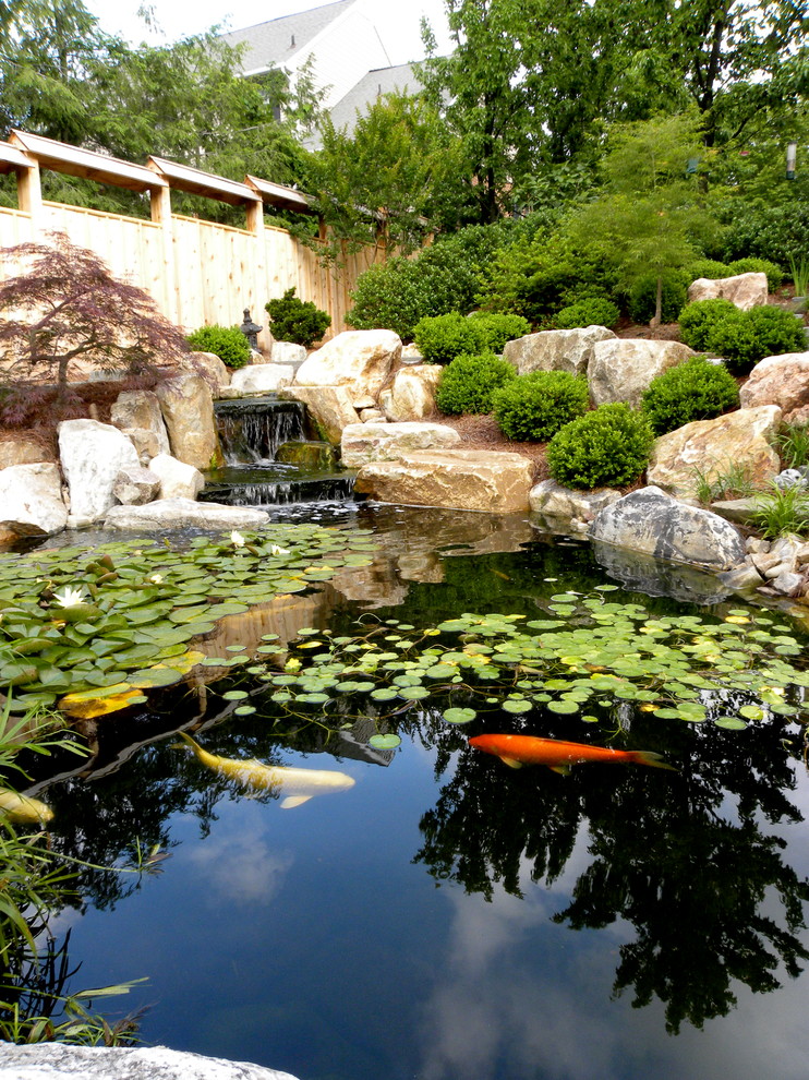 Foto de jardín de estilo zen grande en patio trasero con estanque y gravilla