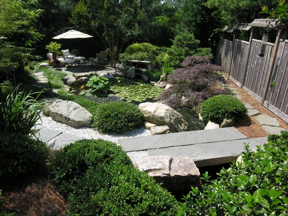 Modelo de jardín asiático grande en patio trasero con estanque y gravilla