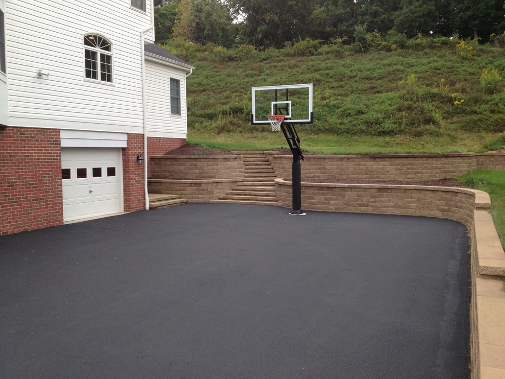 Large traditional front partial sun garden in Cleveland with an outdoor sport court.