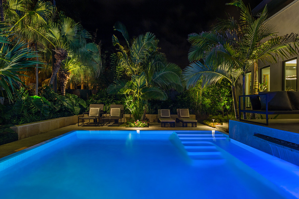 Ejemplo de piscina exótica de tamaño medio en patio delantero