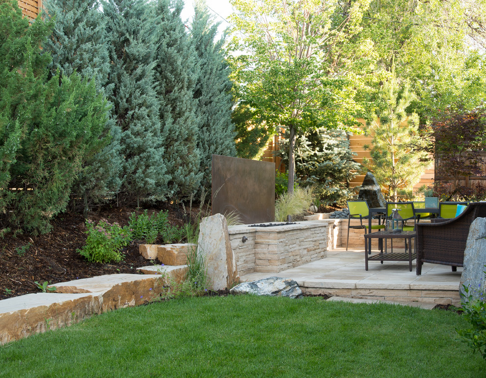 Photo of a mid-sized contemporary backyard stone landscaping in Denver with a fire pit.
